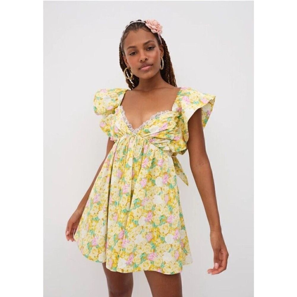 For Love & Lemons Tamra Yellow Floral Cotton Mini Dress Size 1X NWT $248